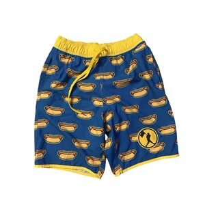 Baseballism Mens Medium Blue Yellow Hot Dog Mesh Swimsuit Drawstring Pockets Zip